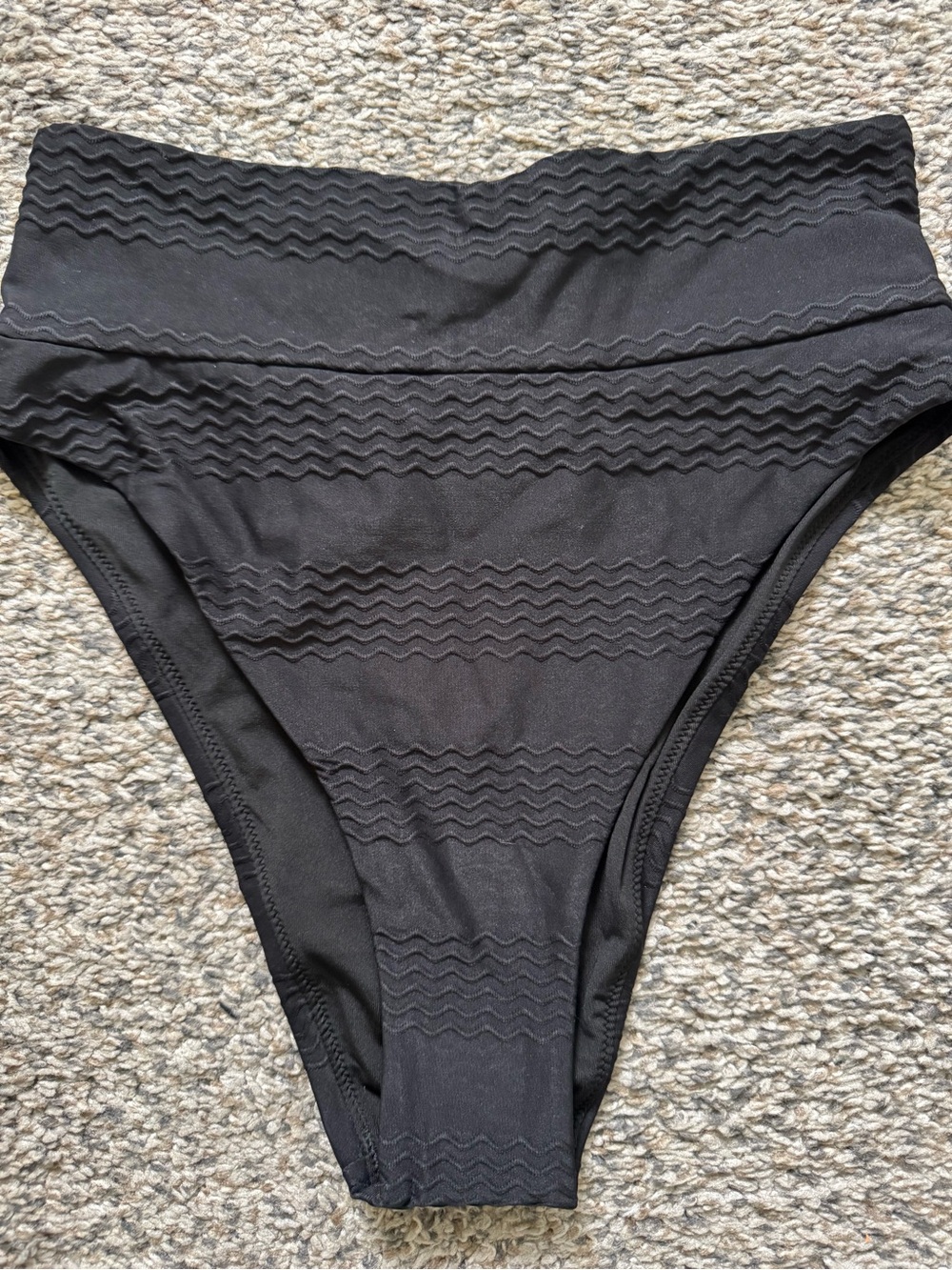 Bundle 3/$30 - Black High-Waist Cheeky Bikini Bottom with Textured Wave Detail